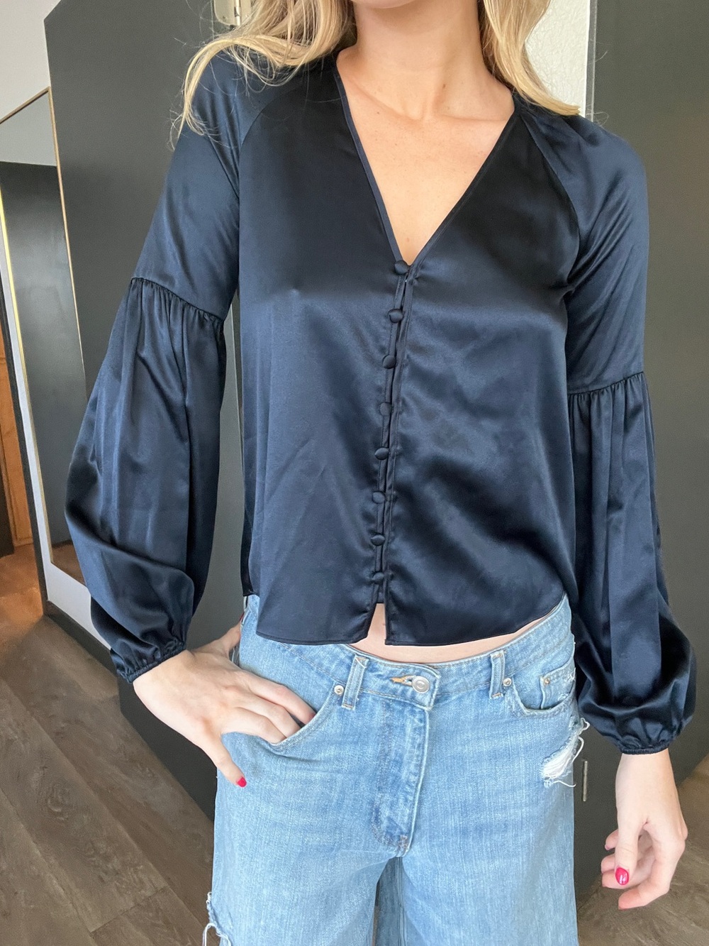 Veronica Beard Valentin Stretch-Silk Top in Navy